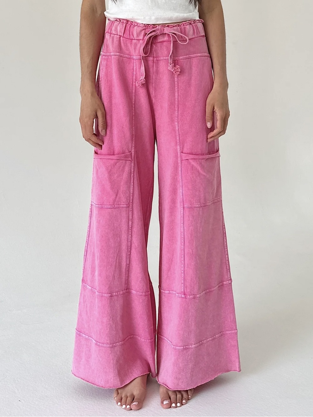 Easel Mineral Wash Terry Knit Wide Leg Cargo Pants Pink medium